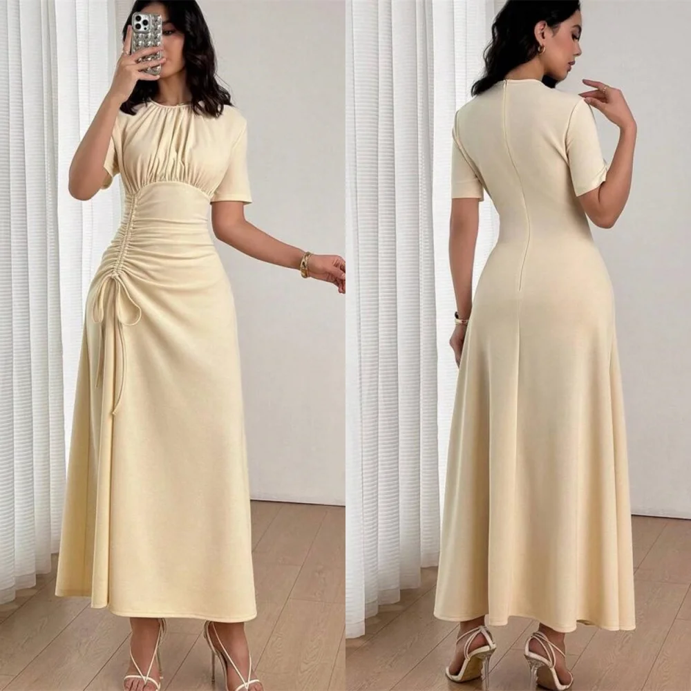 

Customized Temperament Ivory Jersey Evening Dress Exquisite Crew Neck Short Sleeves Zipper Back Mermaid Special Occasion Gowns