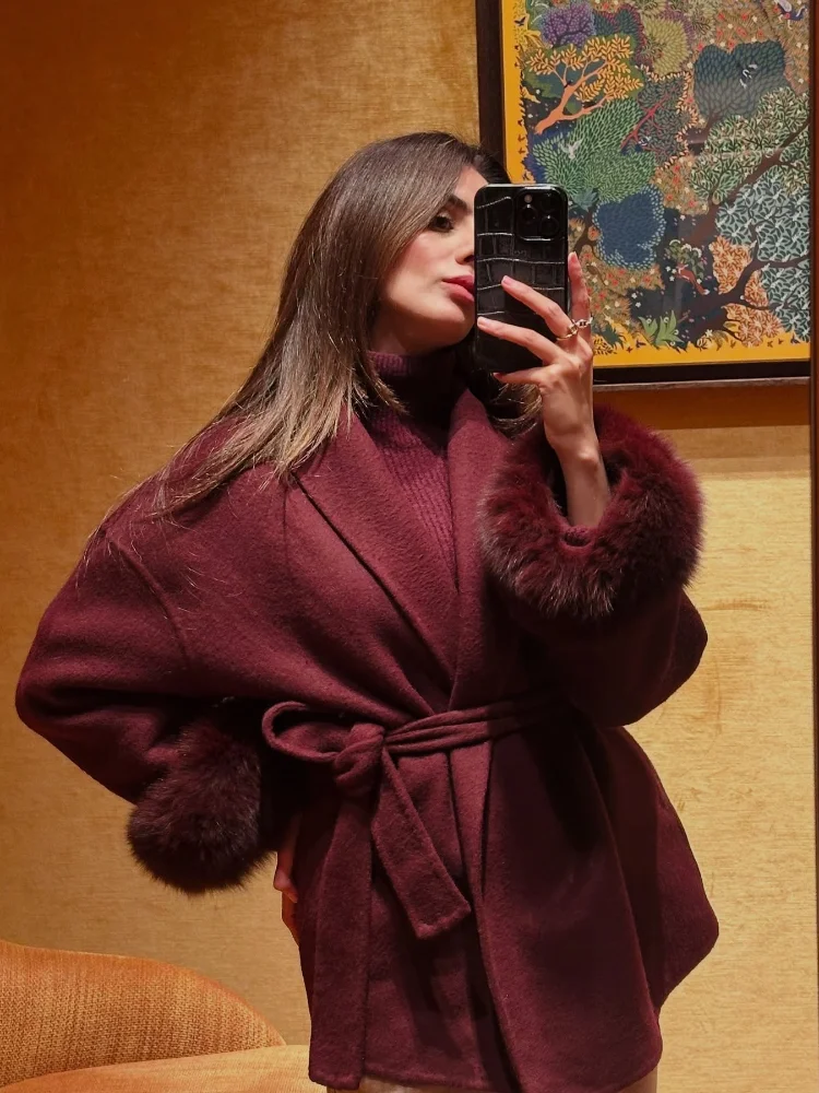 Women's Wool Blend Wine Red Lace Up Coat Fashion Lapel Belt Long Sleeve Faux Fur Female Spring Jacket 2025 Lady Street Outerwear