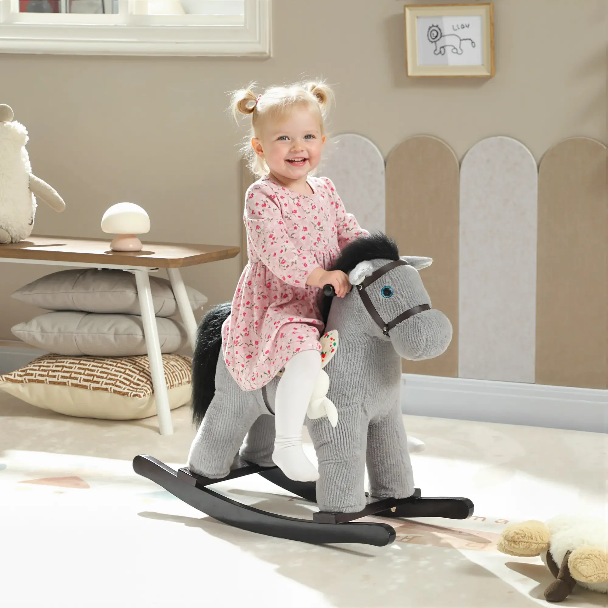 

Rocking Horse for Toddlers – Plush Soft Fabric, Realistic Sounds, Stable Wooden Base, Comfortable Rabbit Toy
