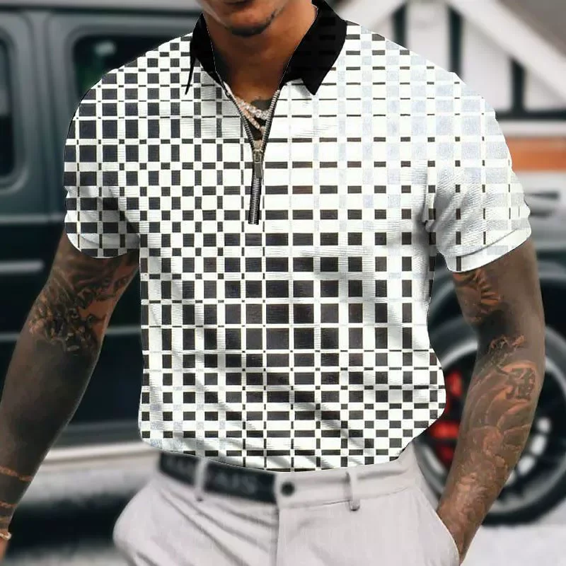 Fashion Plaid Pattern Men's Zippers Polos Summer Short Sleeve 3D Printed Street Simple Male POLO 6XLPlus Size Casual Tops