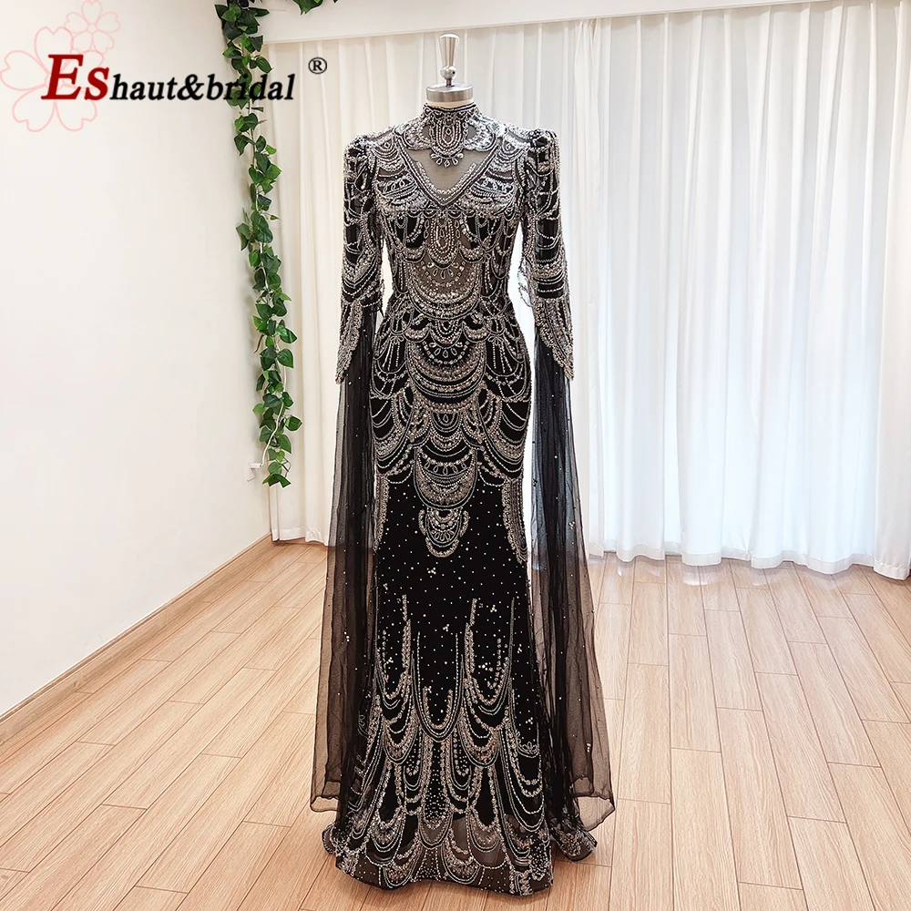 Luxury Dubai Mermaid Evening Dress with Cape Sleeves for Women 2024 Arabic Muslim Formal Prom Wedding Party Gown Customized