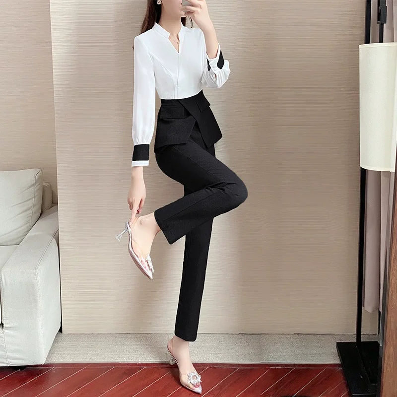 High Quality Designer Autumn Suit Women Pants 2 Piece Set Elegant Office Lady Outfits Hit Color Blouse and Pants Fashion Sets