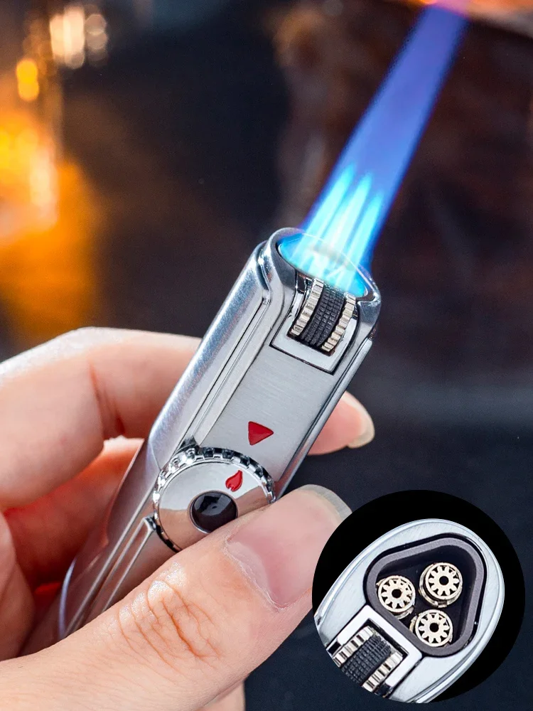 Gas Lighters Three-Head Blue Flame Straight Creative Cigar Moxibustion Personalized Customized Qixi Gift for Men