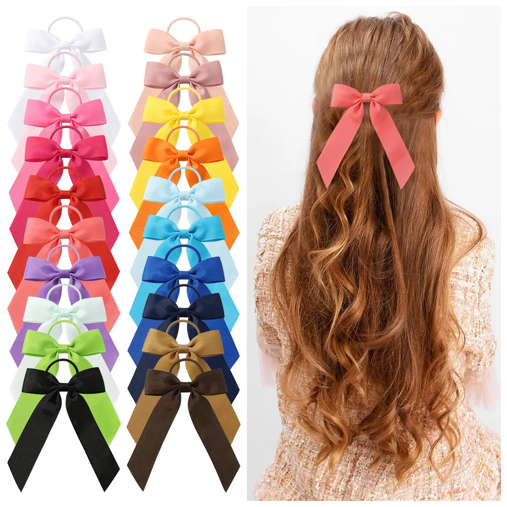 

200pc/lot 2.7" Solid Ribbon Bow Elastic Hair Band Baby Hair Rope Ponytail Hair Holder Girls Long Tails Ribbon Hair Bow Hair Ties