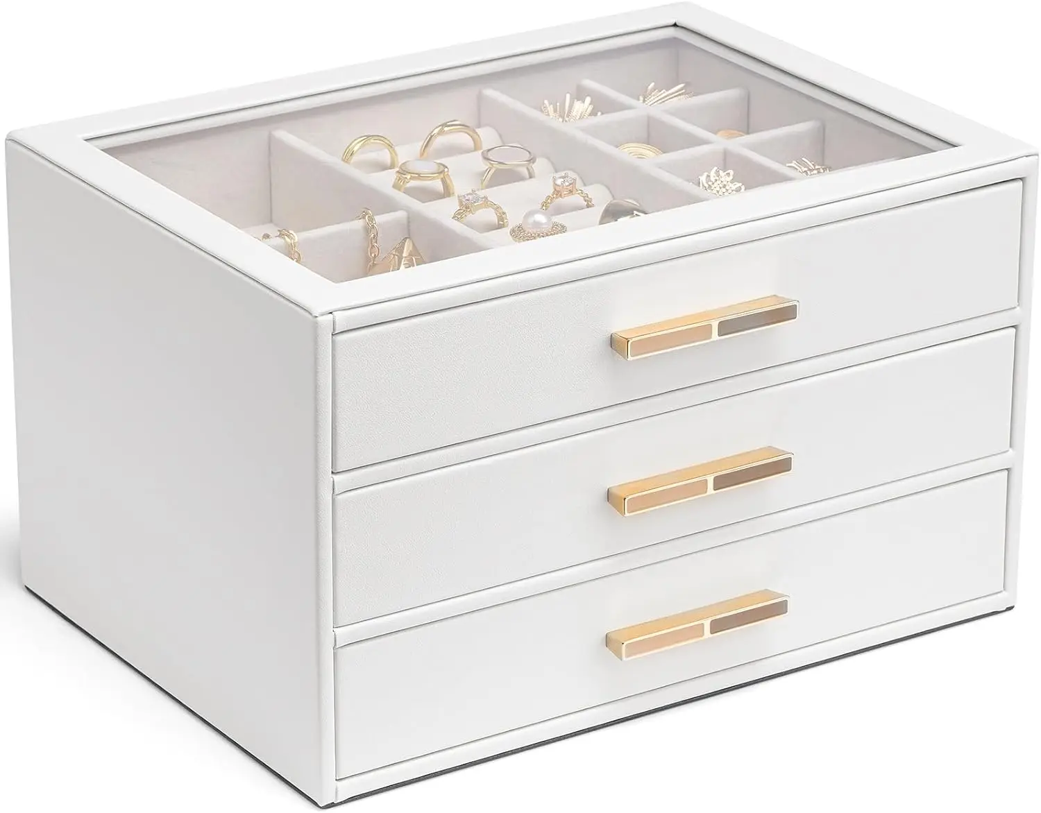 

Jewelry Box for Women, Glass Lid Jewelry Organizer with 3 Drawers for Necklaces Rings Earrings Bracelets Christmas Gift