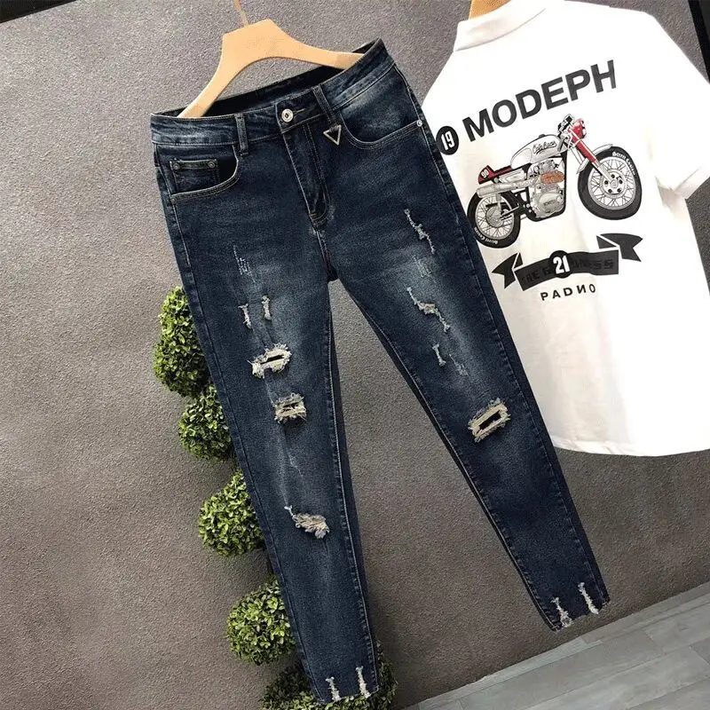 Calças de brim cortadas para homens calças rasgadas quebradas moda coreana rasgada kpop empilhadas tendência 2025 estilo barato com buracos homem calças de cowboy