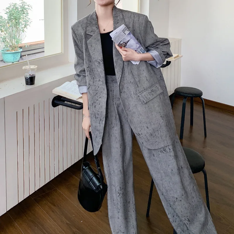 EAEOVNI 2025 Büro Dame Frauen Zwei Stück Set Unregelmäßige Taste Blazer Mantel + Breite Bein Lange Hosen Mode Neue Kleidung temperament