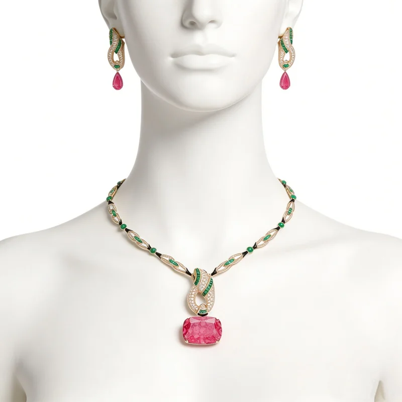 Vintage Necklace Earrings Women Lady Inlay Full Cubic Zircon Synthetic Square Ruby Pendant Snake Snakelike Fine Jewelry Sets
