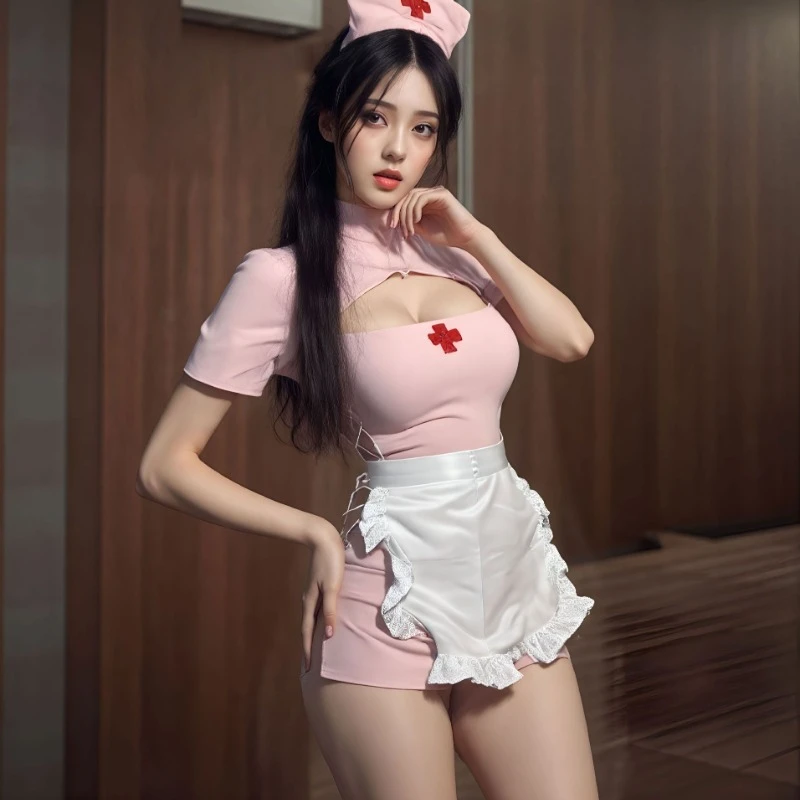 

Japanese Women Outfits Sexy Nurse Cosplay Lingerie Anime Kawaii Maid Costume Transparent Temptation Dress with Apron Panties Set