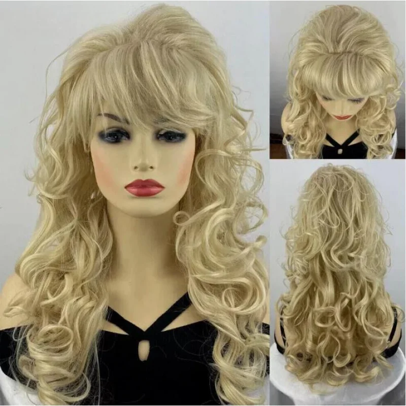 

Long Curly Blonde Synthetic Hair Women Natural Party Wigs With Bangs