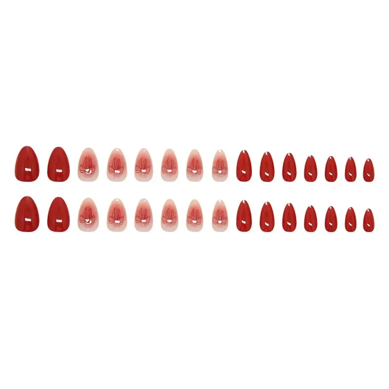 24Pcs Red Powder Blusher Press-On Nails Almond Shape Sweety False Nails with Bow Design for Women&Girls Valentine's Day Nails