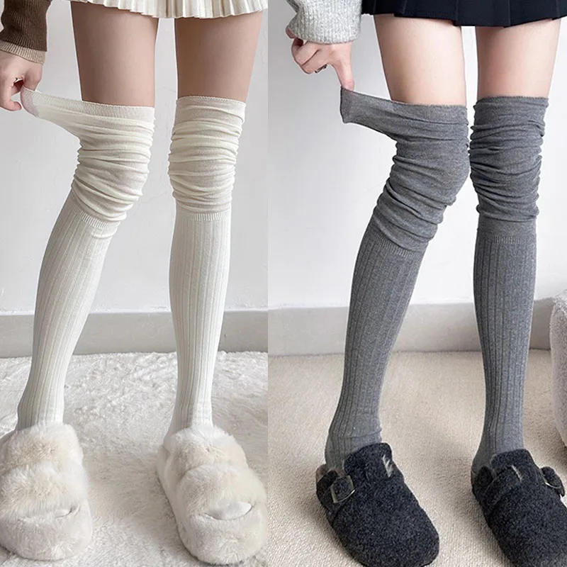 

Women's Autumn Winter Thicken Knit Thigh Over The Knee Stockings Girls Fashion JK Black White Long Tube Socks Keep Warm Hosiery