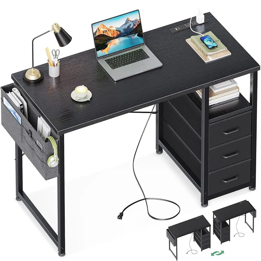 

40-Inch Small Computer Desk With Fabric Drawers And Charging Station, Kids Girls Teen Study Writing Desk For Bedroom, Home