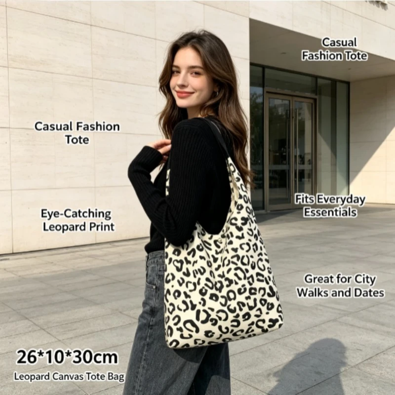 New Leopard Print Canvas Tote Bag, Large Capacity Lazy Style Commute Handbag, Elegant Versatile Fashion Shoulder Bag