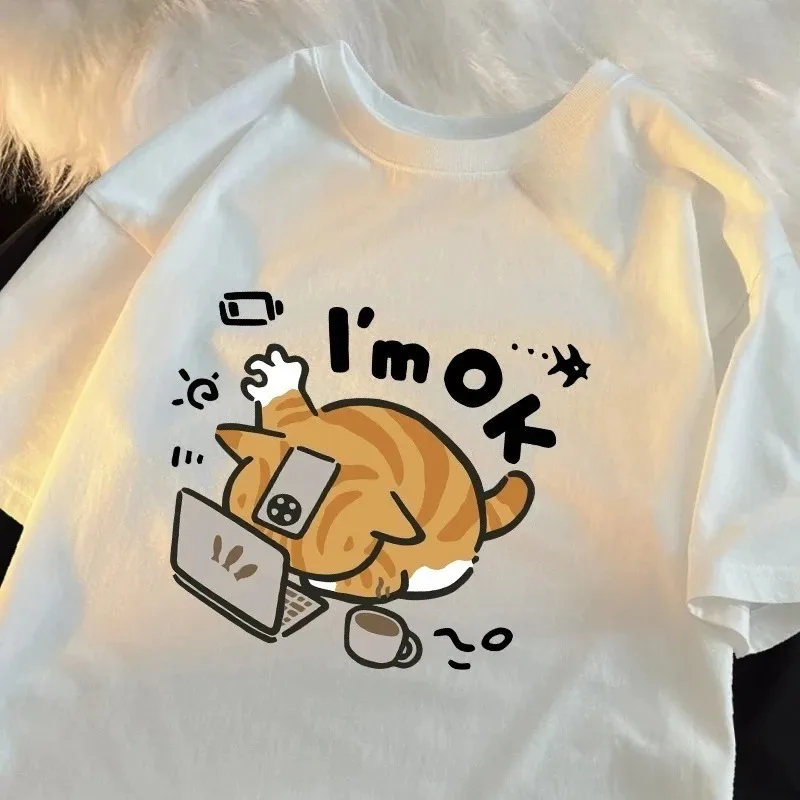 I'm OK The Little Orange Funny Cat Thinks It Can Still Hold on Print Women Tee T-Shirts Breathable Soft Clothes All-Match Tops
