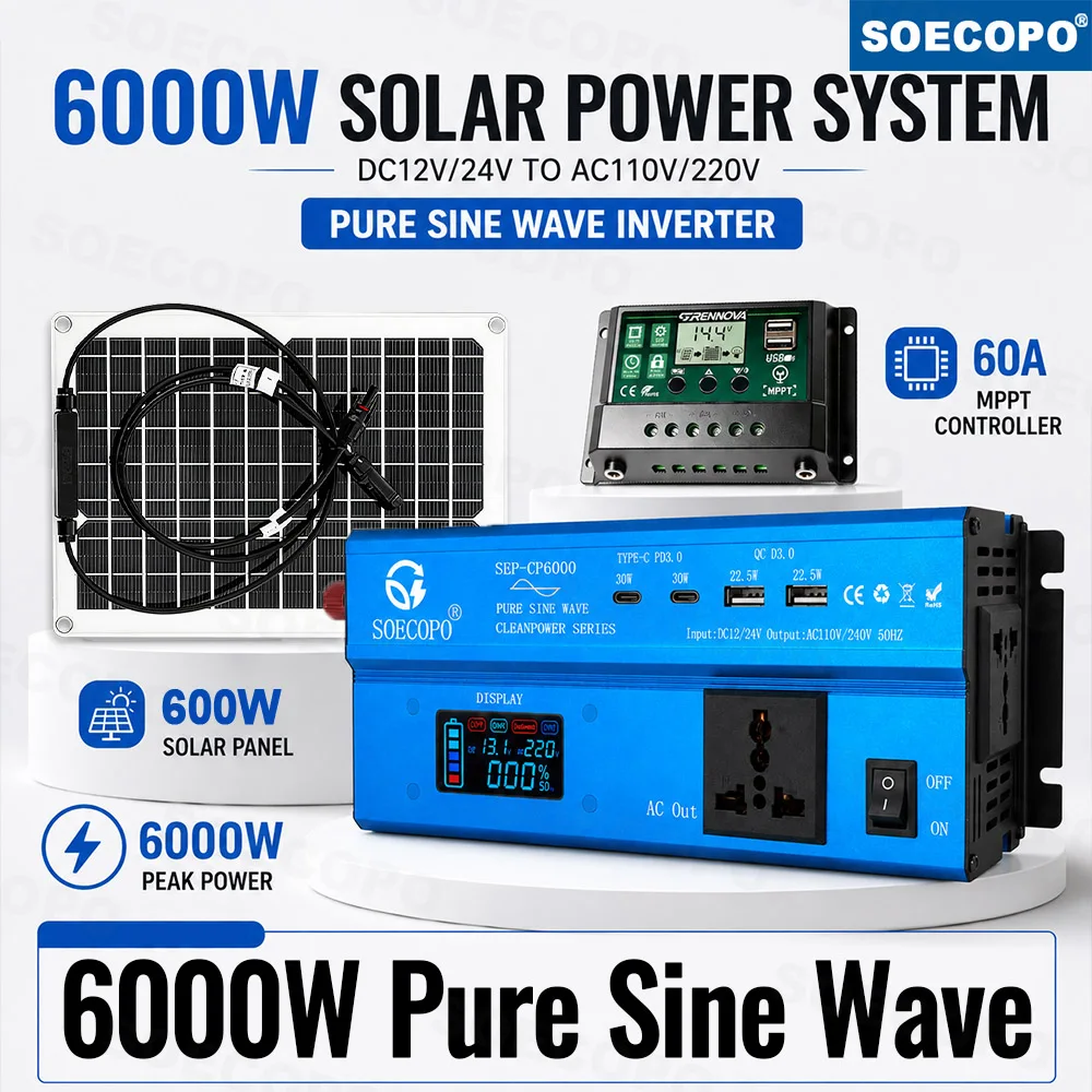 Home Power Outage Backup Solar System 6000W Pure Sine Wave Inverter DC 12V 24V To AC 110V or 220V 600W Panel 60A MPPT Controller
