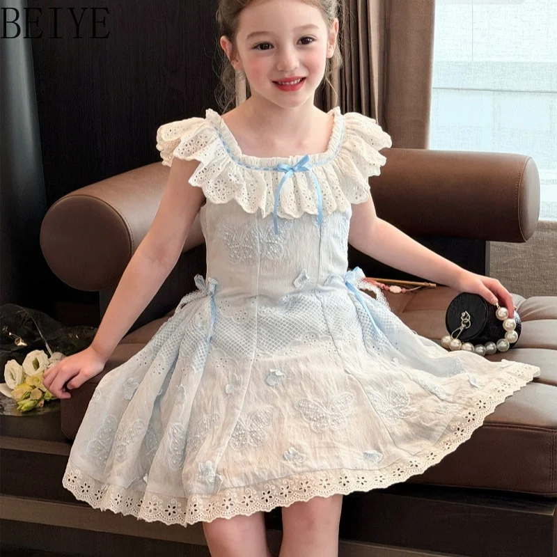 Kids Off Shoulder Blue White Lace Dress Small Bow Ruffle Trim Cotton Vest Sundress Toddler Summer Casual Vacation Outfit