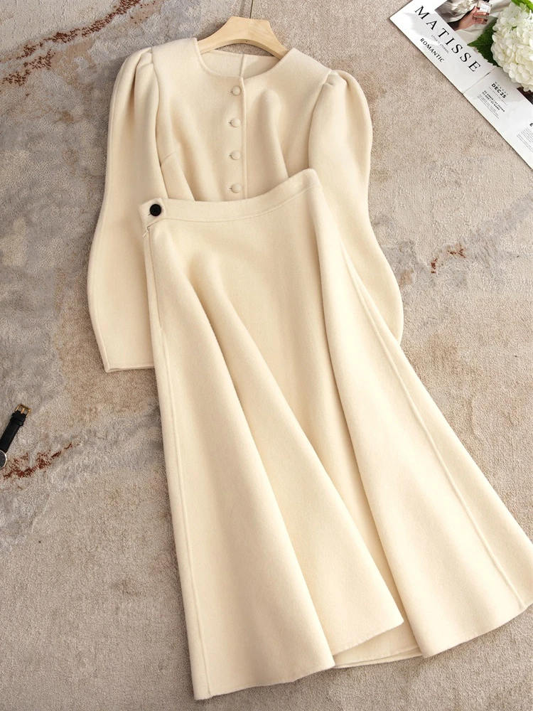 

Double-Faced Woolen Short Jacket And Midi Skirt Set Fashionable Lantern Sleeve Design Versatile Two-Piece Women's Ensemble