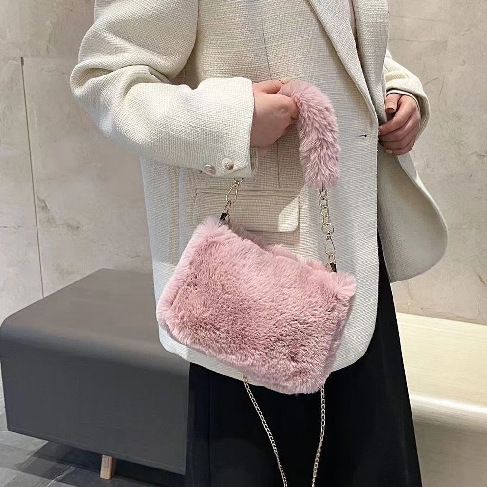Herbst- und Winter-Plüsch-Handtasche für Damen, Trendige Nischen-Ketten-Mode Kleine Quadratische Tasche, Pelzige Tasche – Detail 5