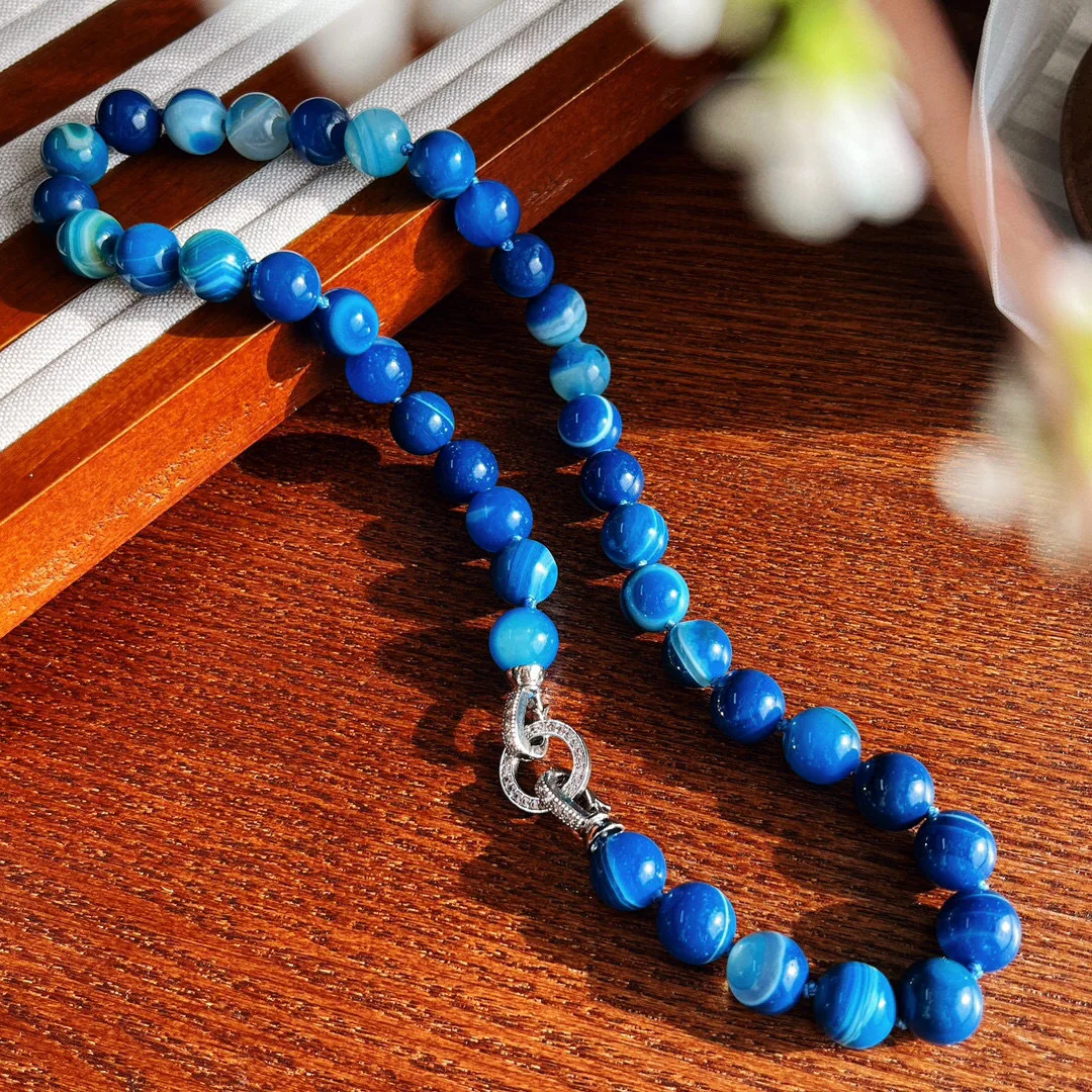 

Повседневная одежда, ожерелье из круглых бусин из натурального синего халцедонового агата диаметром 10 мм, украшения с завязками