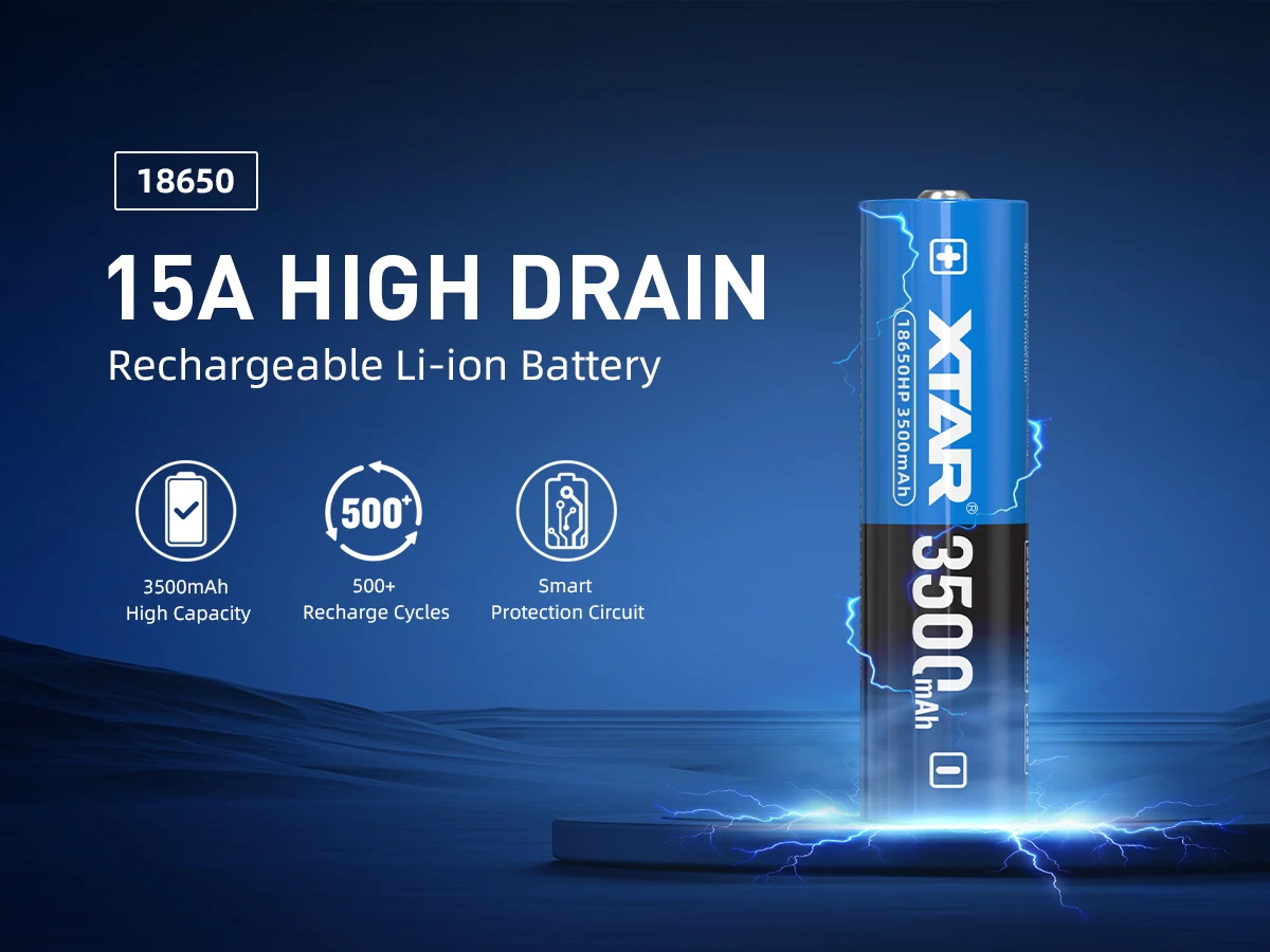 XTAR 3.6V 18650HP 3500mAh Rechargeable Li-ion Battery 15A Max Output 3H Fast Charge Built-in Protection 500+ Cycles