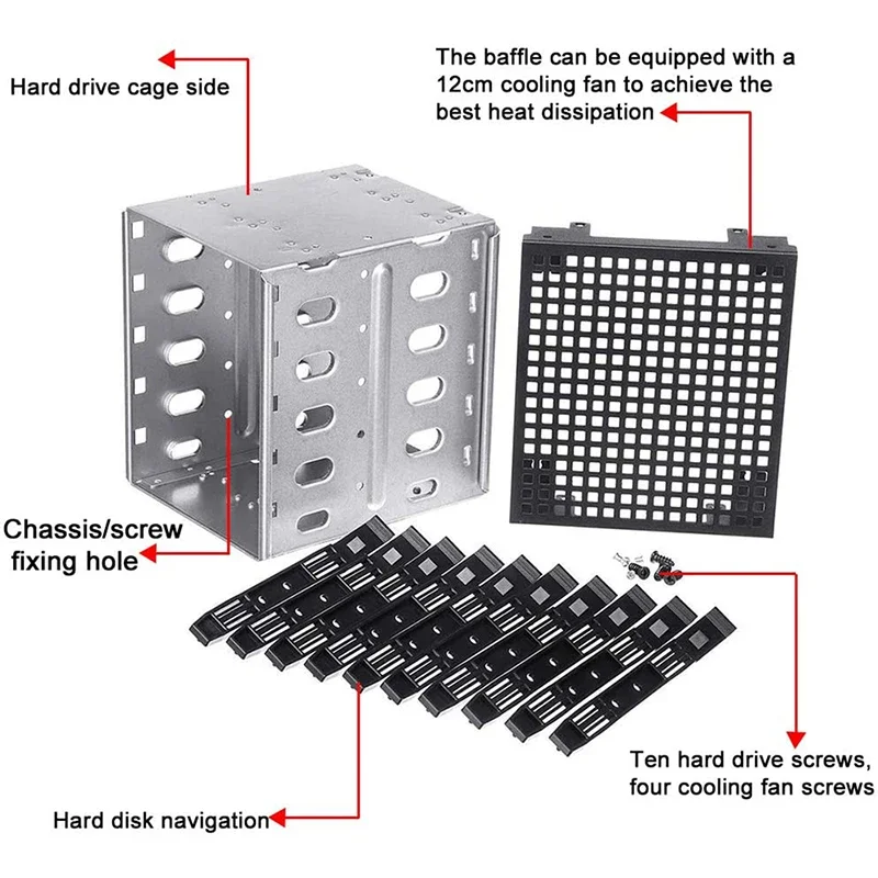 Caja de disco duro de 5,25 pulgadas a 5X3,5; SATA SAS HDD Cage Rack con ventilador, bandeja de disco duro, adaptador Caddy