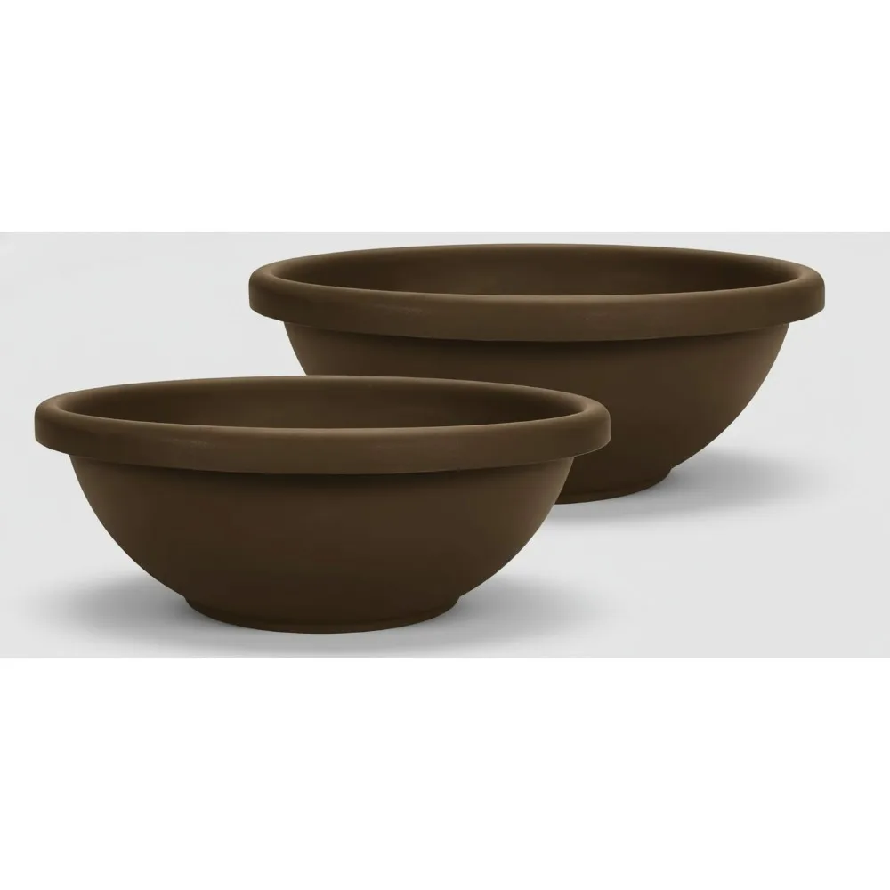 

Large 24" Shallow Garden Planter Bowl with Drainage - Indoor Outdoor Flower Herb Succulent Pot (Chocolate, 2-Pack)