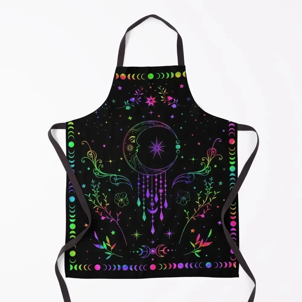 

Rainbow Celestial crescent moon with floral accents and moon phase tie dye Apron cooks clothes cookings for women Apron