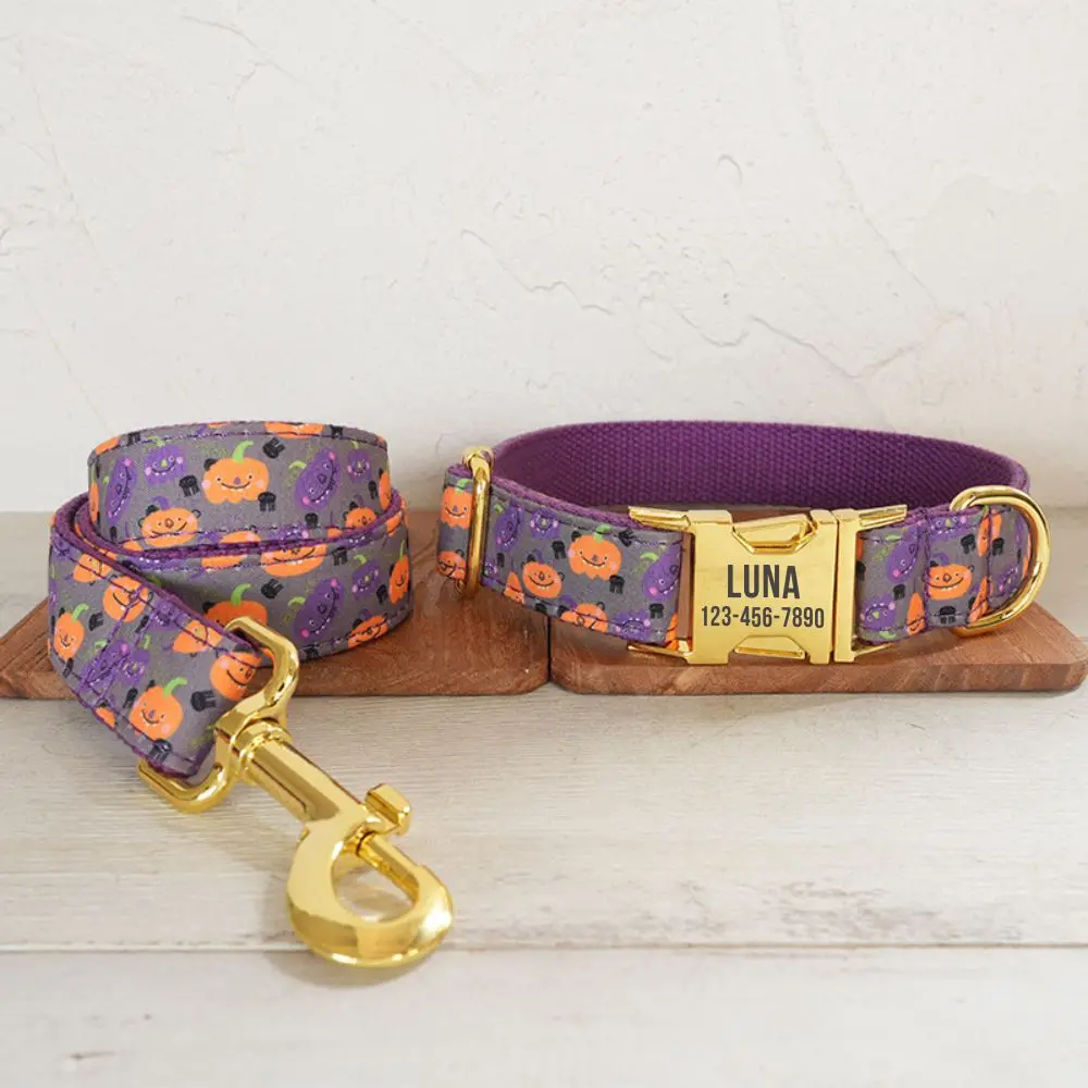 

Personalized Dog Collar with Free Engraving, Matching Pet Leash,Customzied Contacts Metal Buckle,Orange Purple Pumpkin Collar