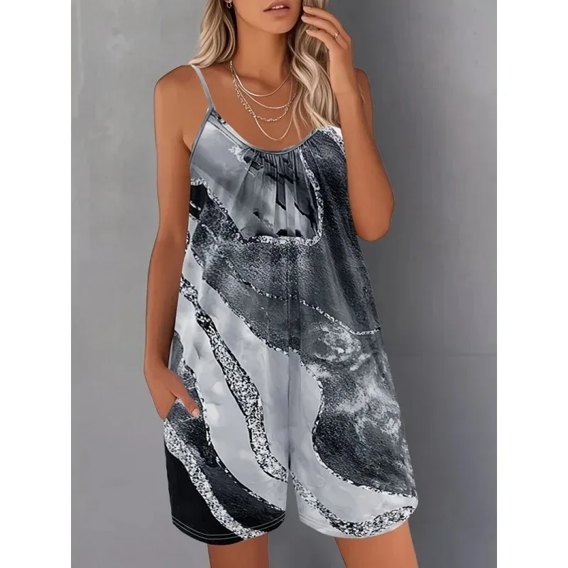 

European and American Fashion Printed Casual Zipper Loose Sleeveless Camisole Jumpsuit Must - Have Summer ClothesStylish
