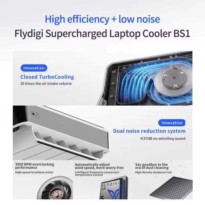 Flydigi BS1 pendingin Laptop asli, braket komputer frekuensi cerdas pengurang kebisingan ganda tekanan Air