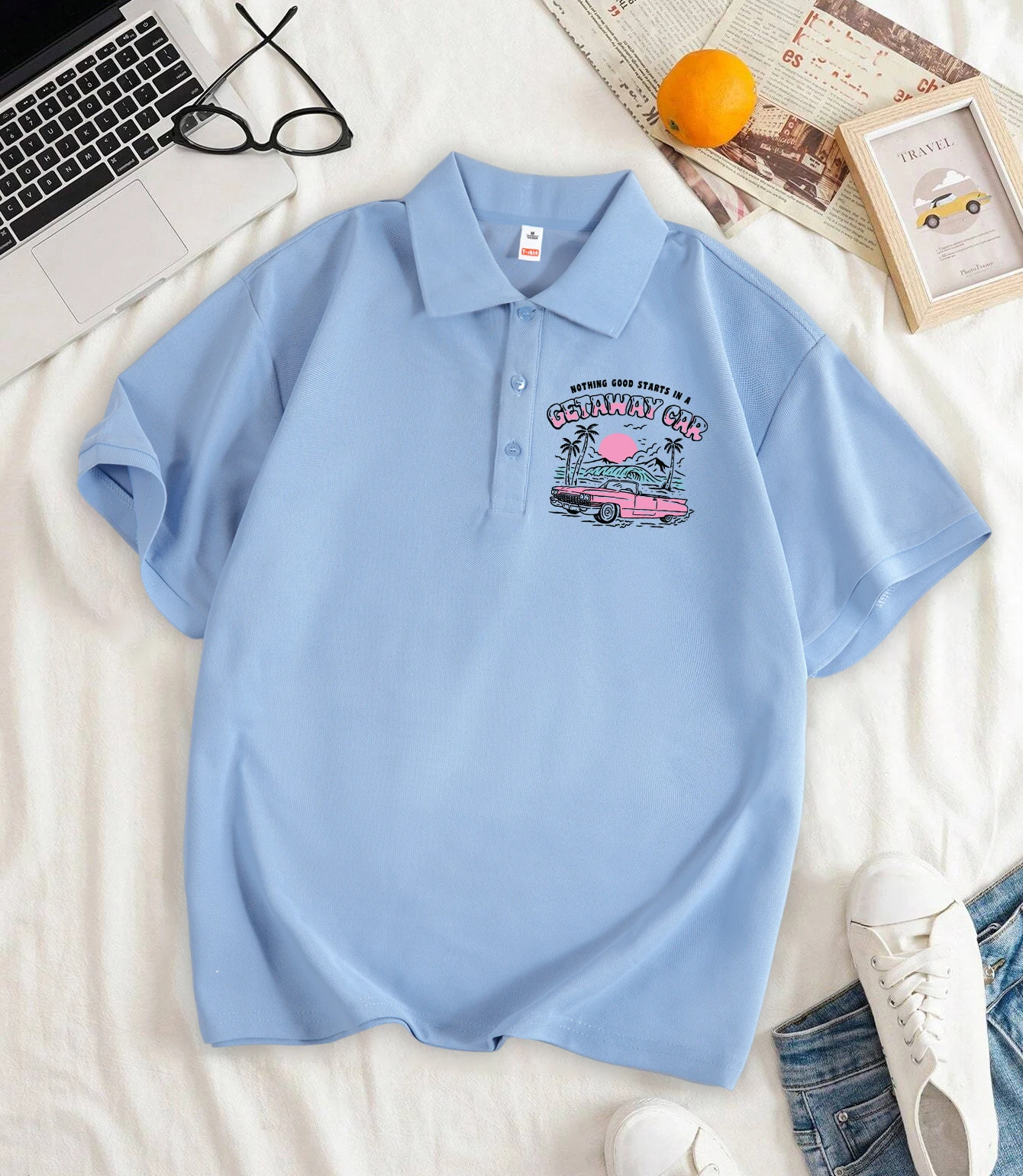 

Nothing Good Starts In A Getaway Car Revers Polo Shirt Women Summer New Shirts Soft Lapel Top All-Match Basics Short Sleeve