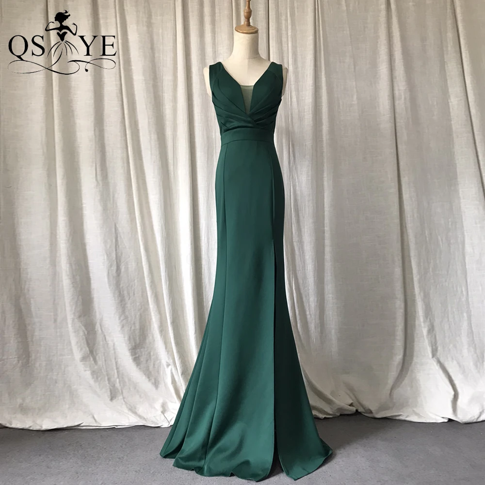 Simple Green Bridesmaid Dresses Elastic Satin Sexy Open Split Formal Evening Gown V Back Ruched Mermaid Emerald Prom Party Dress