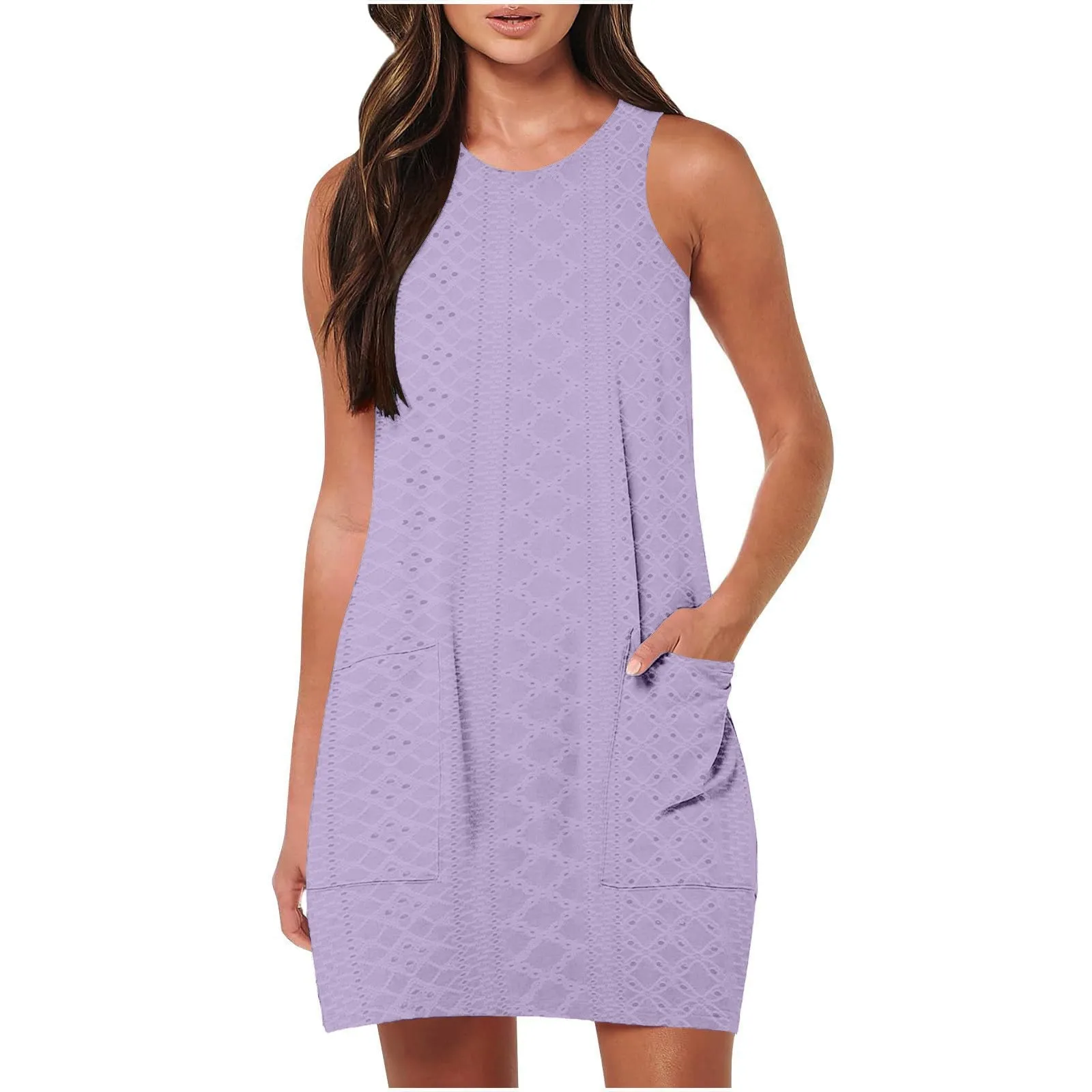 

Women Eyelet Tank Dress Solid Color Crew Neck Sleeveless Dresses With Pocket Summer Holiday Sundress Casual Loose Dress Vestidos