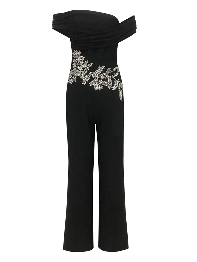 Sexy Off The Shoulder Embellished Diamonds Jumpsuit Women Black Slash Neck Crystal Wide Leg Jumpsuit Evening Runway Party