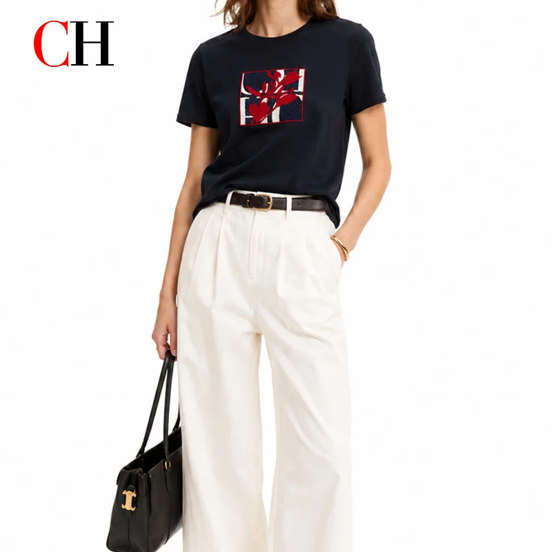 CH Square Floral Embroidered Slim Fit T-Shirt  Women Crew Neck Short Sleeve Premium Casual Top