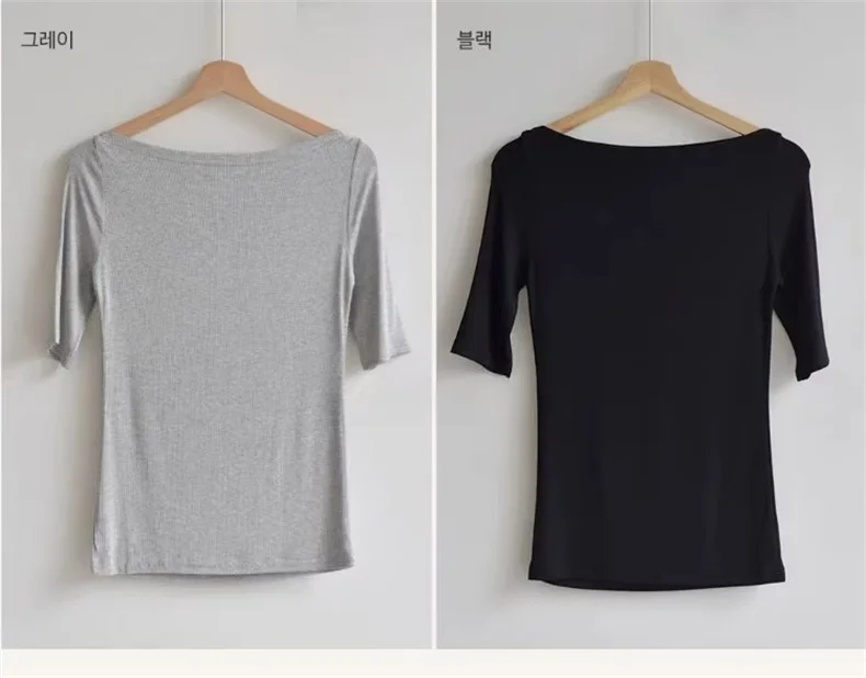 Sexy Halbarm Slim Fit Tees Koreanische 2026 Sommer Trendy Slash Neck Frauen T-shirts Off-schulter Feste Beiläufige Vielseitige top – Detail 19