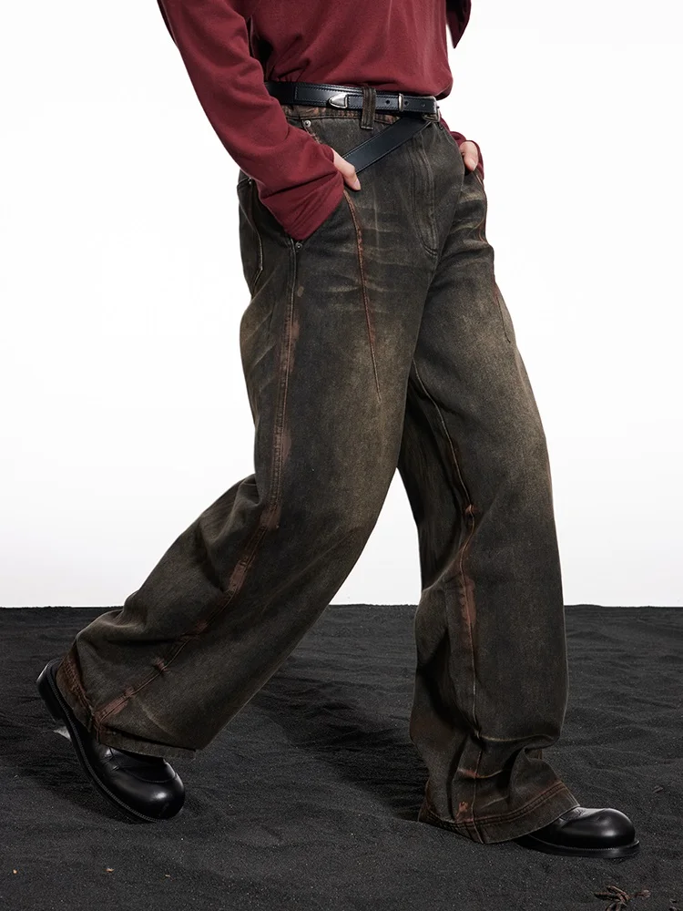 

Retro American Heavy Workwear Casual Long Pants Hand-painted Weathered Rust Loose Jeans Men High Street Straight Leg Jeans