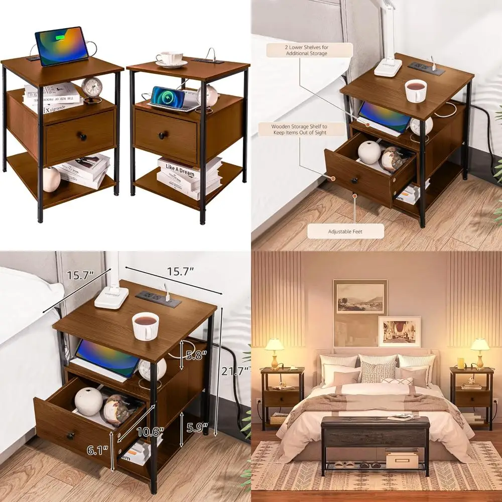 

USB Charging Nightstand with Single Drawer for Bedroom, Living Room, and Dormitory