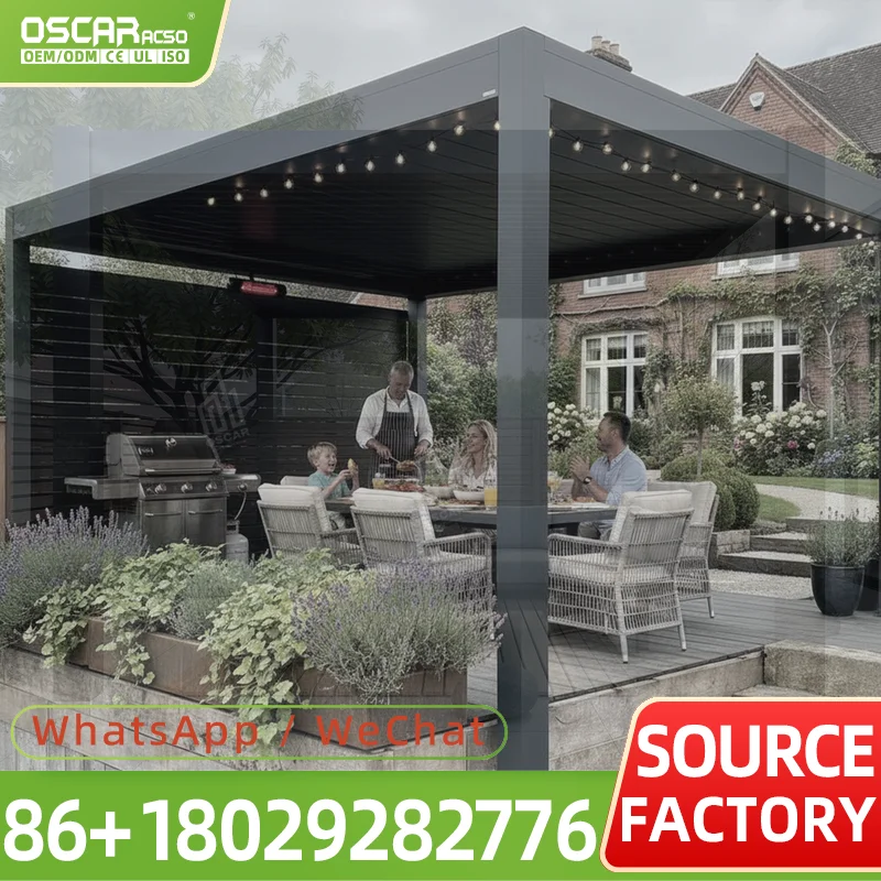Aluminum Manual Motorized Retractable Louvered Terrace Pergola Canopy Electric LED Hurricane Proof Sun Shade for Patio Garden Ba