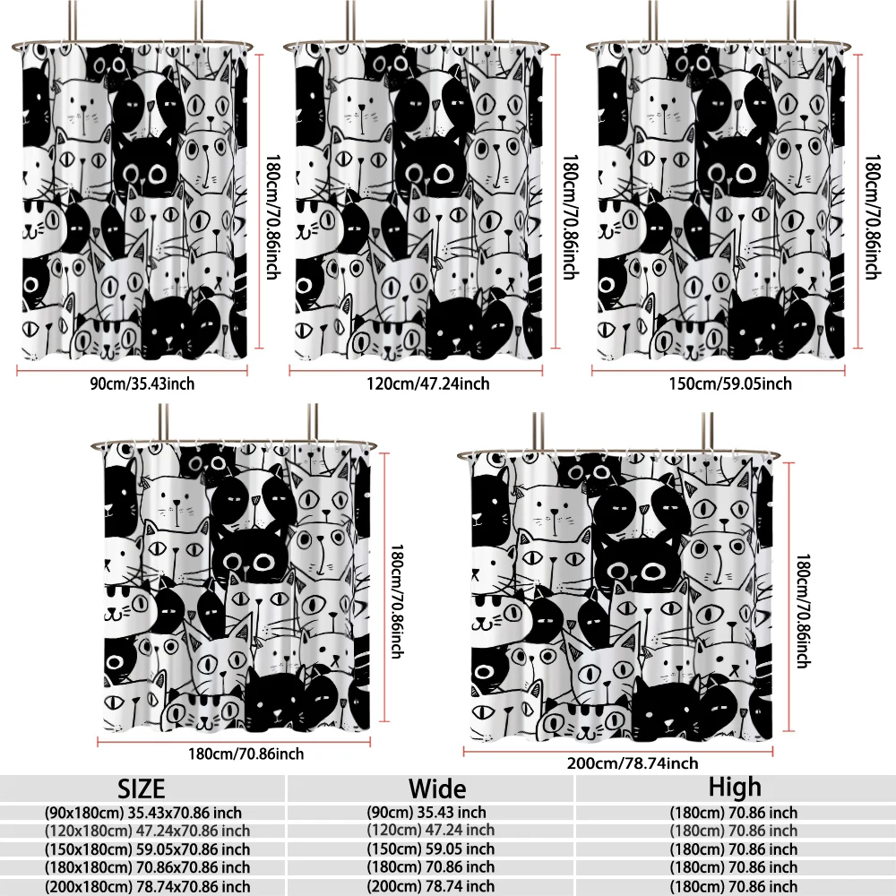 1PC Black and White Hand-drawn Cat Group Bath Curtain, Waterproof Bath Curtain, Partition, and Privacy Hanging Curtain