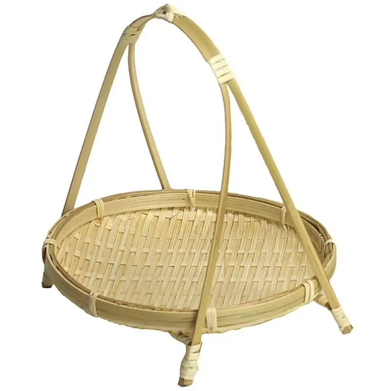 HLZS-4X Bamboo Weaving Straw Baskets Tier Rack Wicker Fruit Bread Storage Decorative Round Plate Stand Container-Single Layer