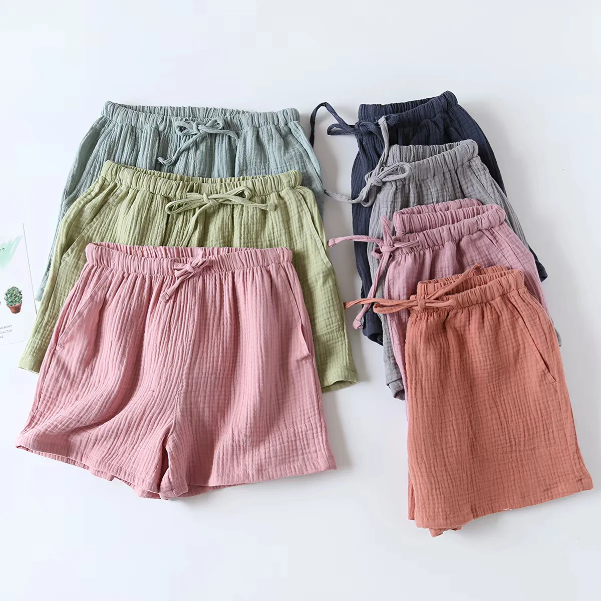 Women's Drawstring Shorts Summer Soft Cotton Sleep Bottoms Casual Loose Elastic Waist Pants Solid Color Versatile Beach Shorts