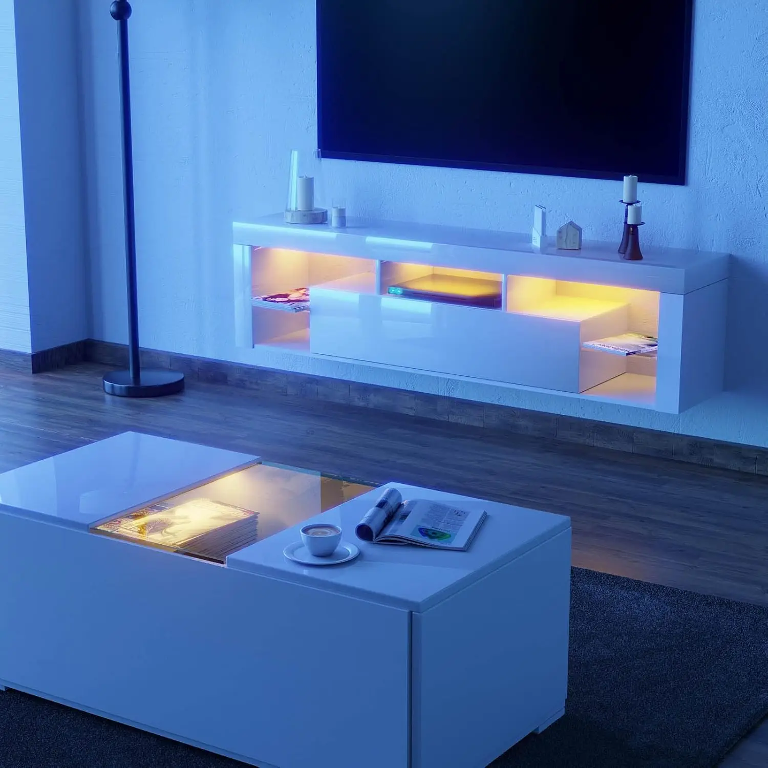 63in High Gloss LED Floating TV Stand Wall Mounted Storage & Adjustable Glass Shelf Entertainment Gaming  Customized