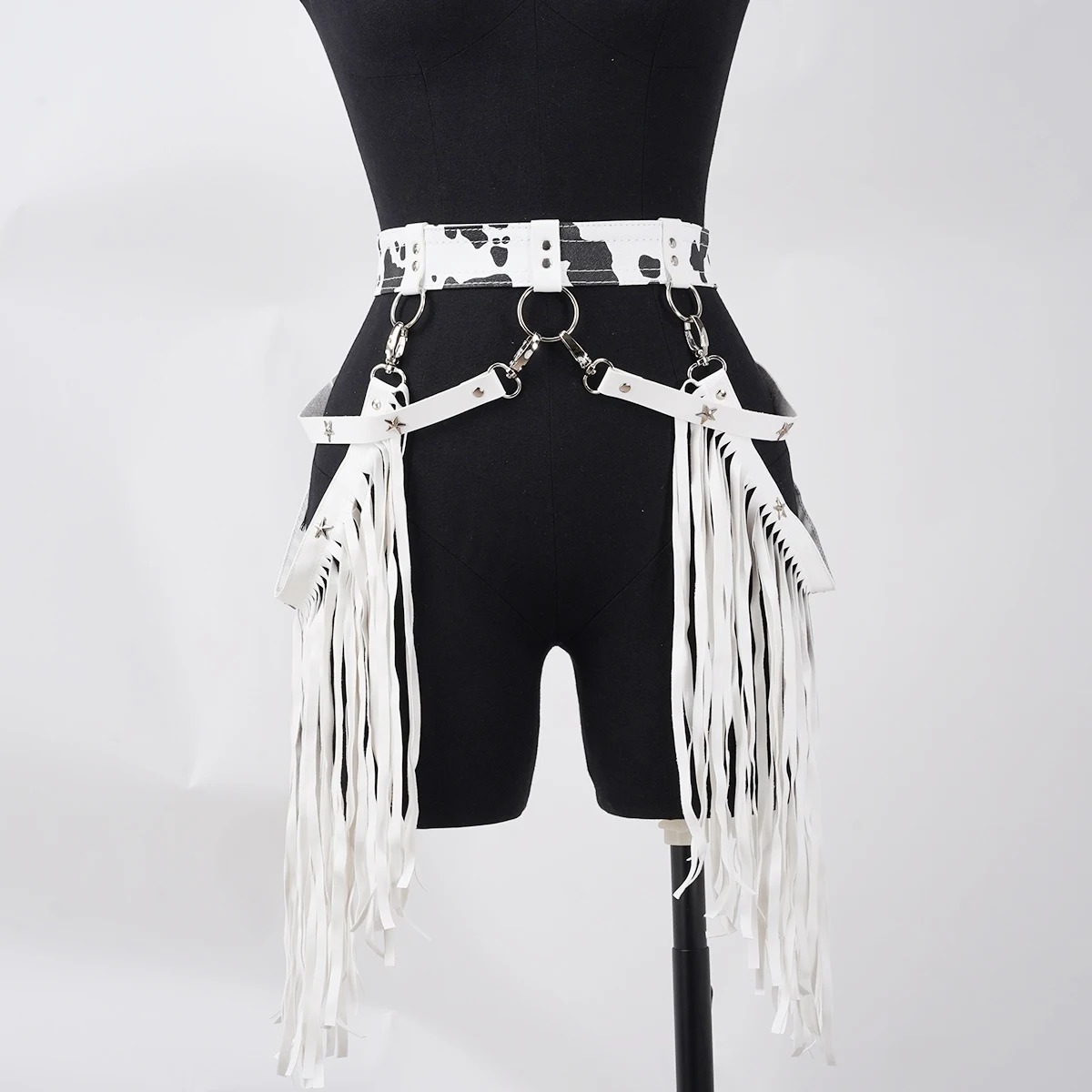 Women Sexy Harness Belt Denim printed white Tassels Short Leather Skirt PuLeather Punk Gothic Cowboy Girl Wild Holiday Attire