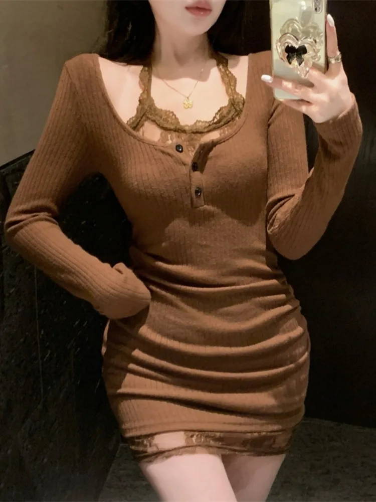 

Spicy Lace V-neck Knitted Dress Women's Pure Desire Sexy Design Slimming Pencil Skirt Short Dress Korean Style Commute