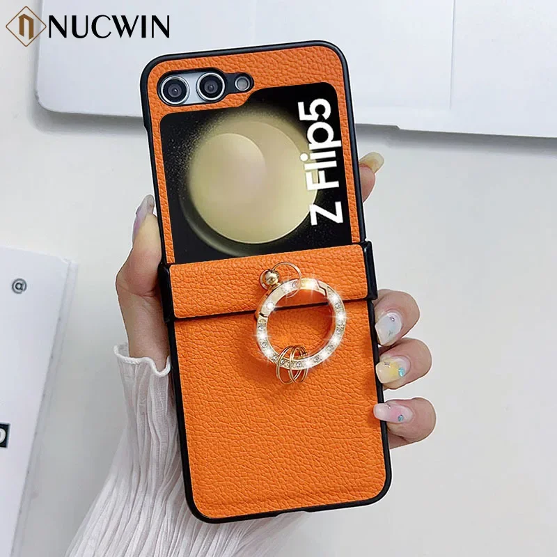 Luxury Leather Lychee Texture Phone Case for Samsung Galaxy Z Flip 6 5 4 3 ZFlip6 Zflip 5 4 3 Ring With Sparkling Diamonds Cover