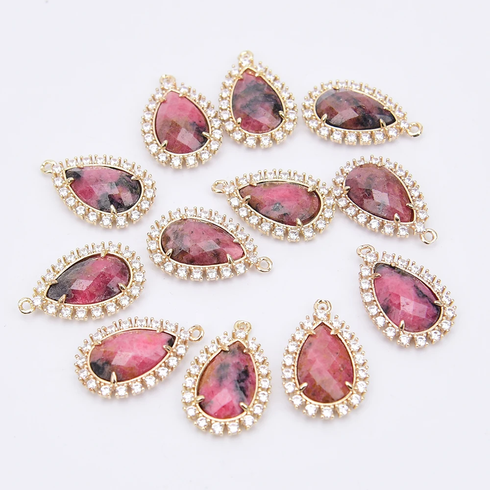 

APDGG 10 Pcs Natural Red Jasper Stone Teardrop Charms Clear Cz Paved Pendant Necklace Jewelry DIY