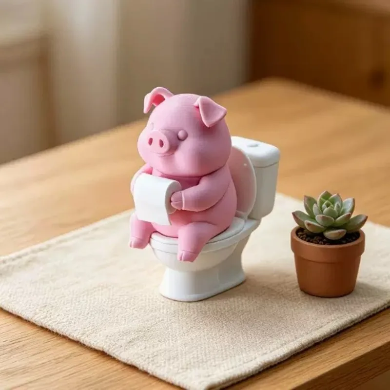 Fun and Cute Pig Sitting in The Toilet,Bathroom Decoration, Desktop or Wall Mounted,Office Desk and Living Room,Home Decoration