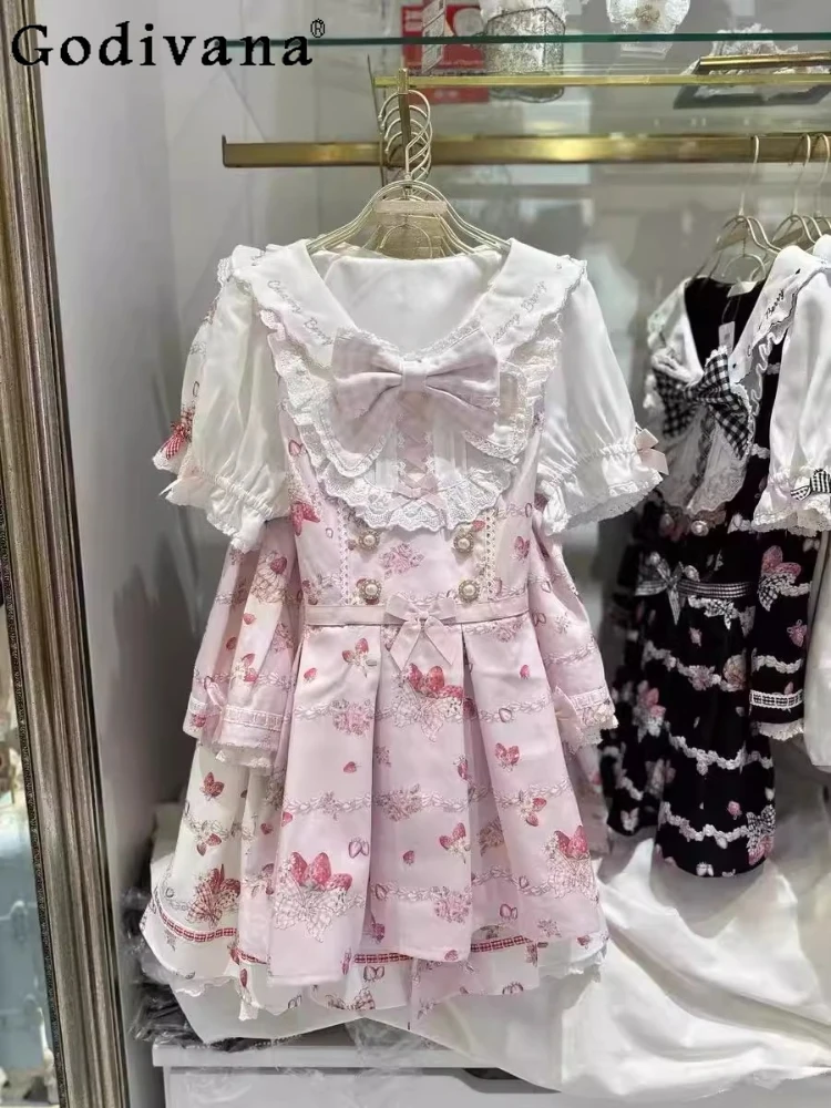 

New Japanese Liz Dress Set Women's Sweet Big Bow Strawberry Print Lolita Top Skirts 2-Piece Set Princess Large Size Dress Set